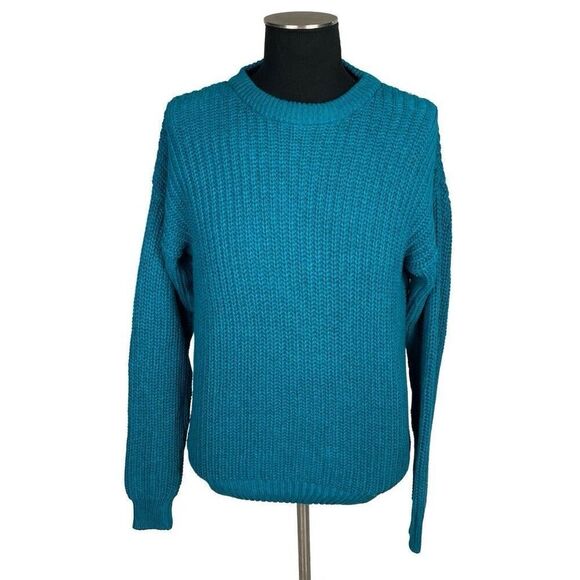 Vintage Cambridge Classics Mervyns Turquoise 100% Cotton Chunky Knit Sweater - M - Picture 1 of 5